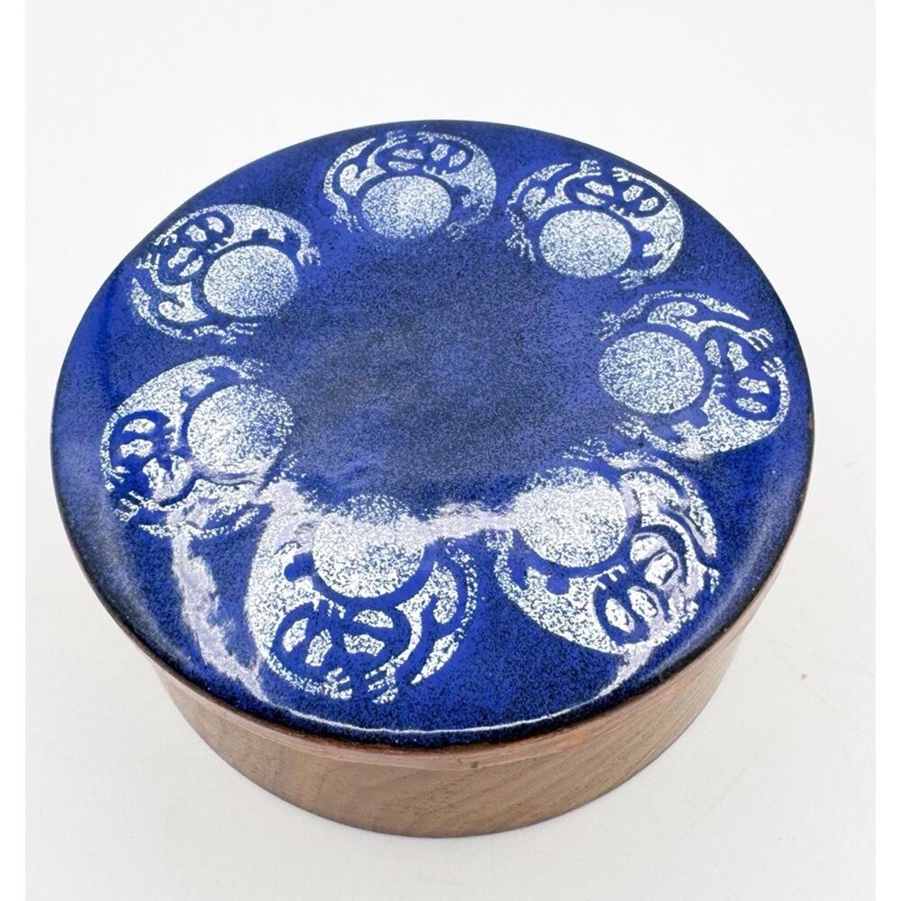 Vintage Enameled Copper Wood Round Trinket Box Cobalt Blue 4.25" Keepsake Enamel
